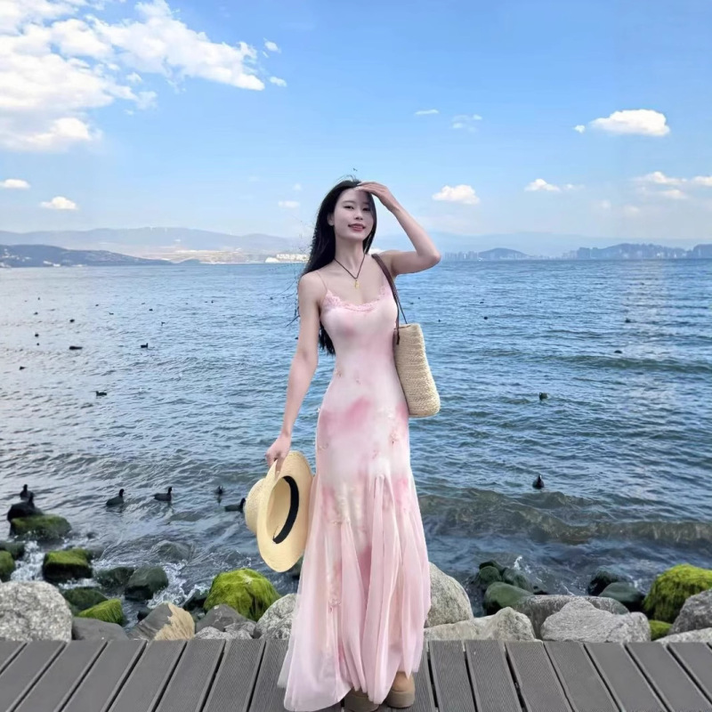タイのドーパミン島の休暇の雰囲気純粋な欲望甘くてスパイシーなスーパーフェアリーガール花柄メッシュヒップカバーサスペンダーロングスカート|undefined