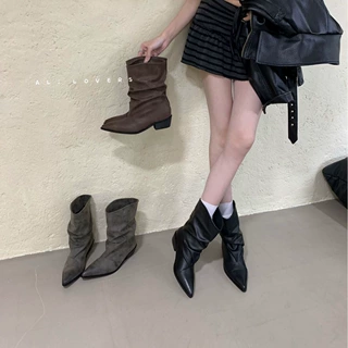 [不含税]欧美风粗跟尖头褶皱中筒堆堆靴女2026新款显瘦气质女靴子