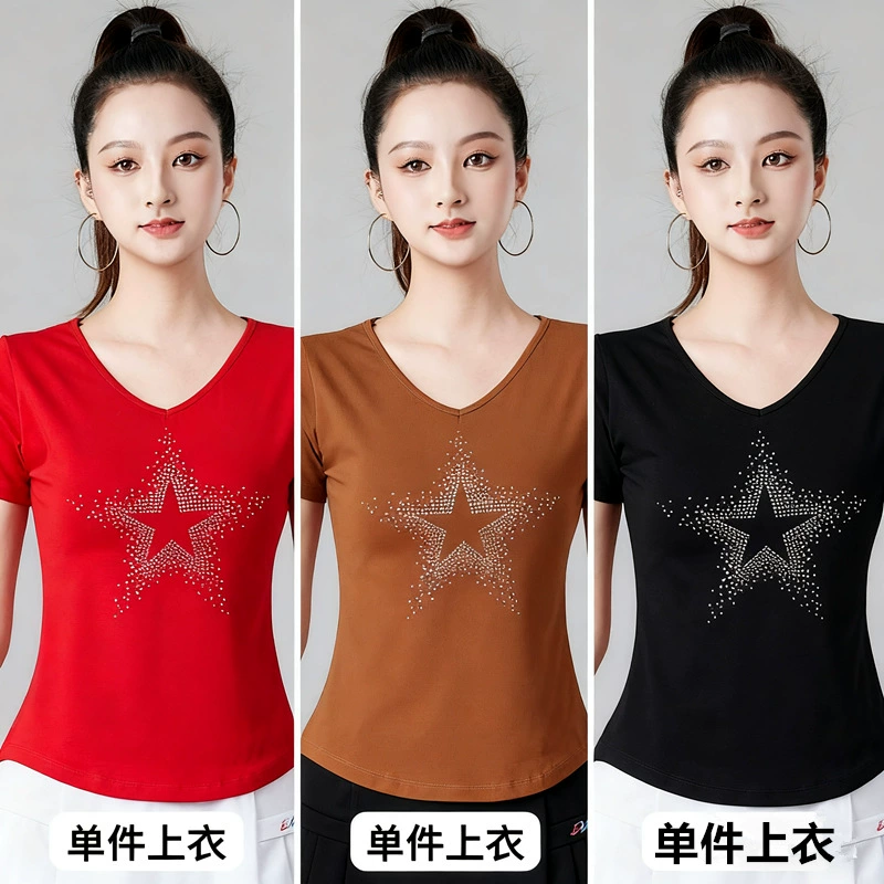 Новая манера танцы спорт повседневная весна лето осень с короткими рукавами футболка с бриллиантами топы хлопчатобумажная танцевальная одежда короткая юбка
