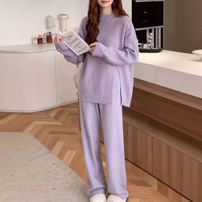 秋冬针织衫套装女2025新款圆领纯色上衣开叉针织衫毛衣裤子两件套|undefined