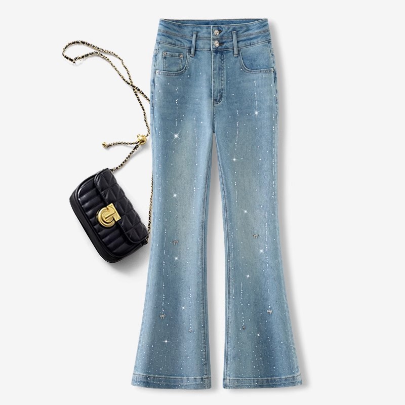 Rhinestone Flared Jeans for Women, Spring and Autumn 2025 New Style, Petite Fashion Versatile Casual Slim Fit Flared Pants