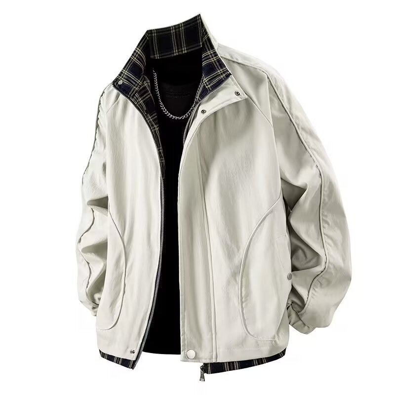 Outdoor-Sportjacke für Herren, kontrastierende karierte Patchwork-Arbeitsjacke mit Revers_voghion.com