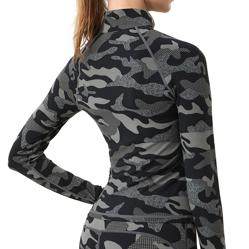 Women's Long Sleeve Quick-Dry Fitted Yoga Top with Stand Collar Zipper Finger-Sleeve Printed Sport Jacket