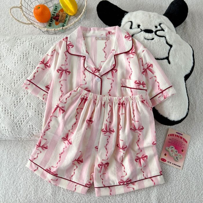Pijamas al por mayor transfronterizos traje de verano para mujer cárdigan de solapa dulce pantalones cortos delgados de manga corta ropa de hogar de espuma para estudiantes