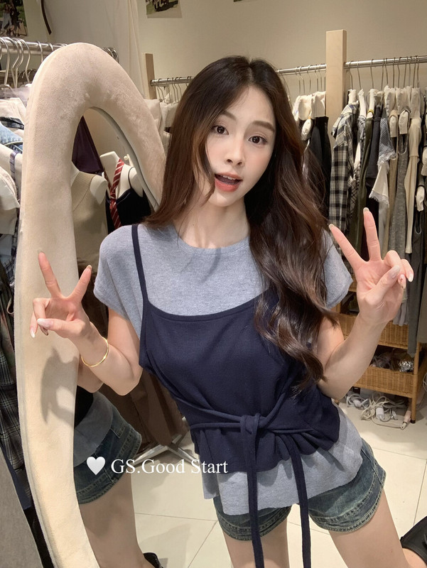焦糖秋日GS.GOOD START甜美秋上新休闲减龄拼色假两件绑带小衫女|undefined