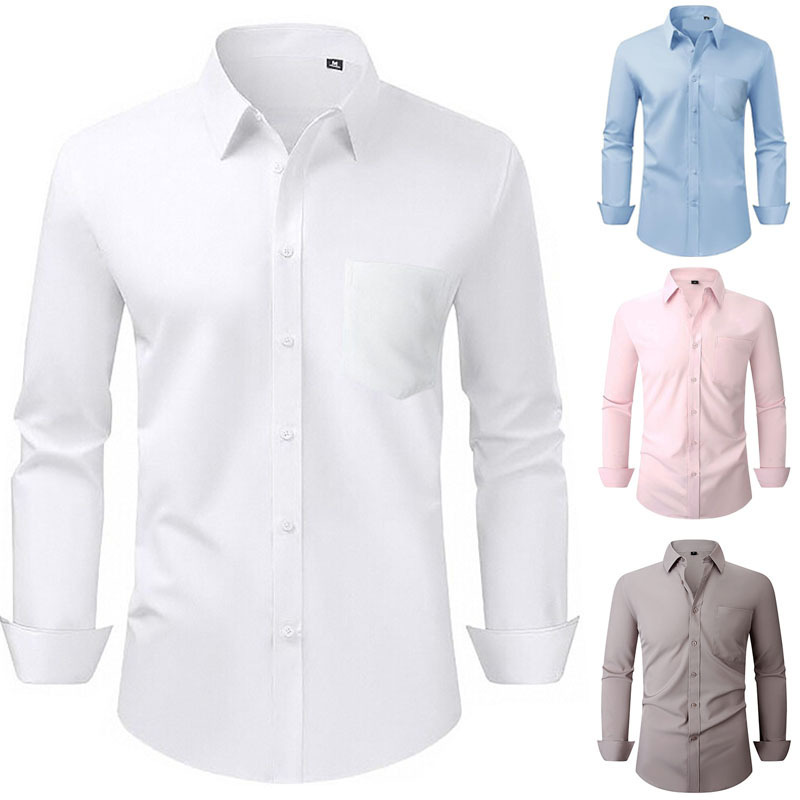 Amazon's Popular Long-Sleeved Shirt for Men, Elastic European and American Size, Solid Color Spring Style Shirt, Business Casual Men's Top