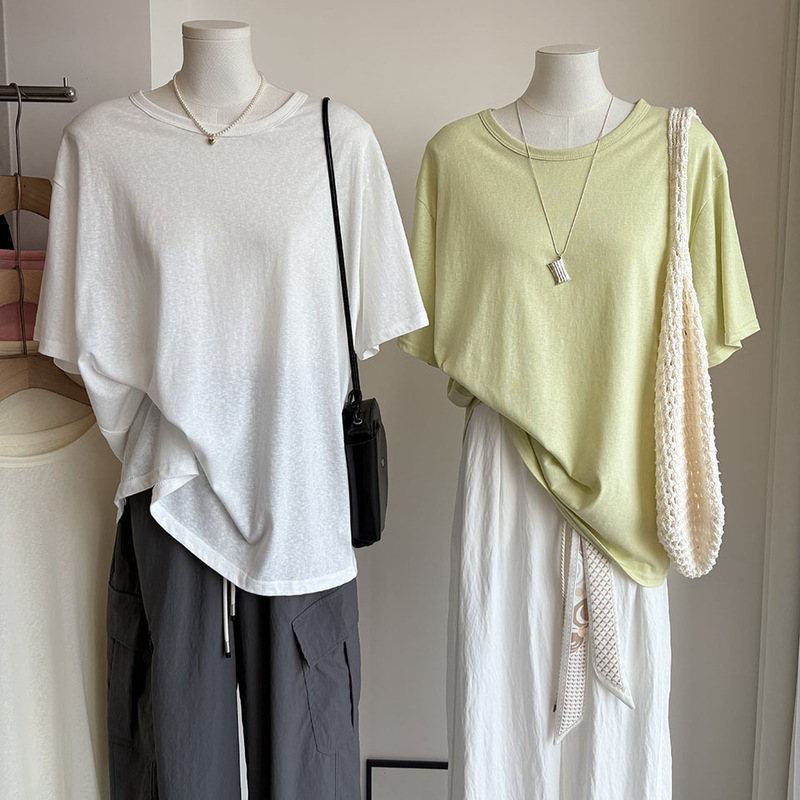 [Bizheng] 2026 Summer New Product Korean Style Simple Thin Solid Color Round Neck Loose Casual Short-Sleeved T-Shirt for Women 6789