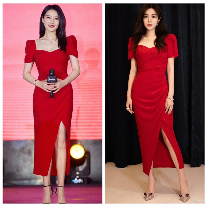 Australian Foreign Trade Red Long Dress Elegant Socialite Style Puff Sleeve dress Split One-Step Dress for Women