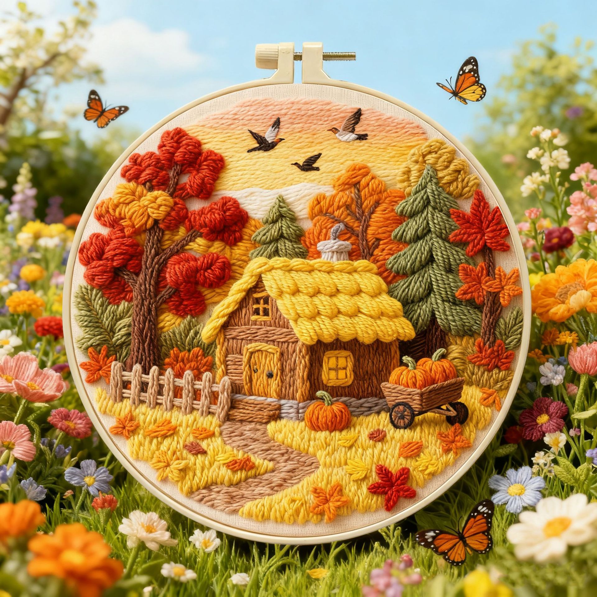 2025 nuevos productos transfronterizos paquetes de materiales de bordado DIY otoño cabina hermoso paisaje fabricante de kits de bordado al por mayor