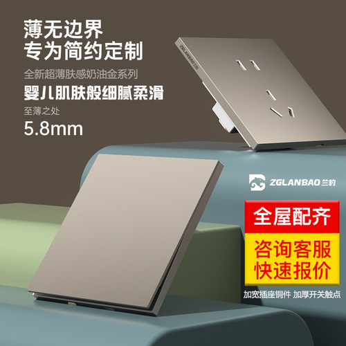 Wholesale matte large plate wall socket concealed ultra-thin two-three-pin five-hole cream gold frameless skin-feel switch panel