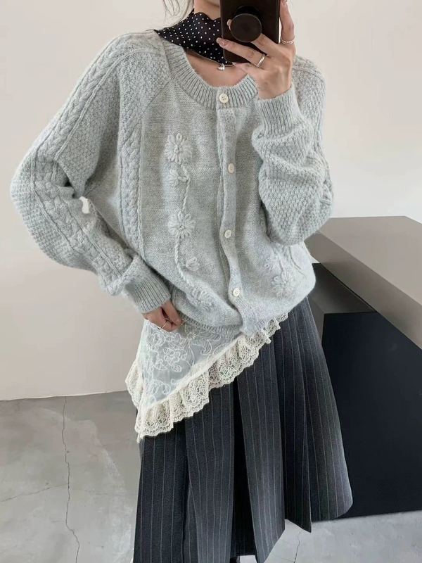 韩系温柔风手工绣花毛衣外套女秋冬圆领宽松纯色针织开衫上衣1304|undefined