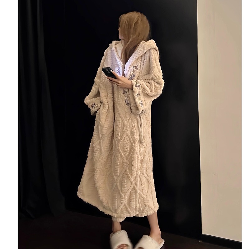 韩系慵懒风加厚保暖半边绒睡袍女2025秋冬新款甜美温柔家居服套装|undefined