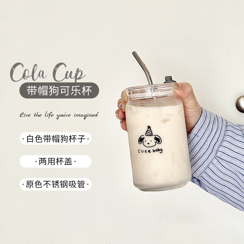 Fábrica directa de ventas en línea ins taza de paja de vidrio de ventana simple escala de dibujos animados taza de leche de alto boro con taza de vidrio cubierta
