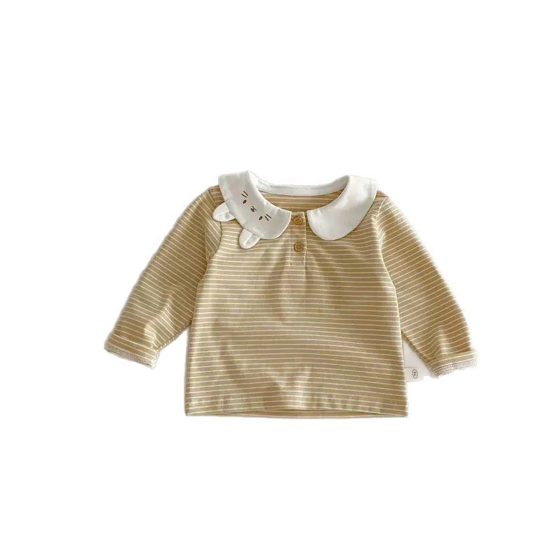 春と秋の女の子の子供服のtシャツの赤ちゃんの洋気の子供の個性の潮のかわいい漫画の耳のストライプの子供の襟の底のシャツ
