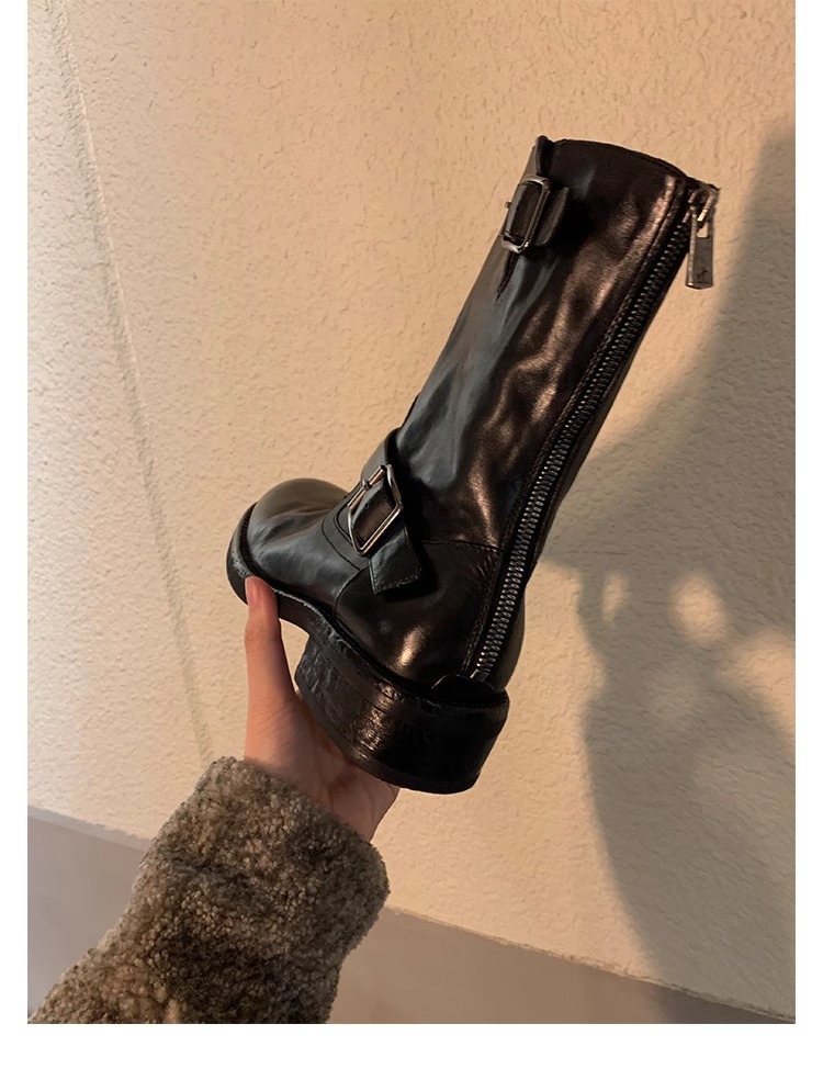 Modisches Schnallendesign, runde Zehenpartie aus Pferdeleder, kleiner dicker Absatz, hohe Absätze_voghion.com