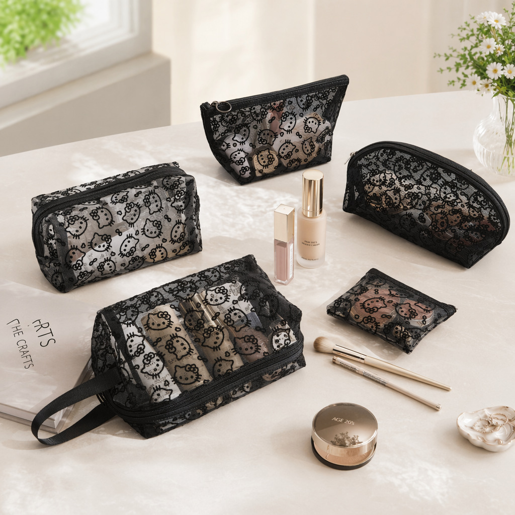 New Style Storage Bag Mesh Kitty Makeup Bag Portable Travel Storage Bag for Women Simple Makeup Wholesale