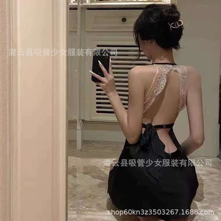 Пижамное платье из атласа с кружевами для женщин, one size, открытая спина с лифтом эффектом
