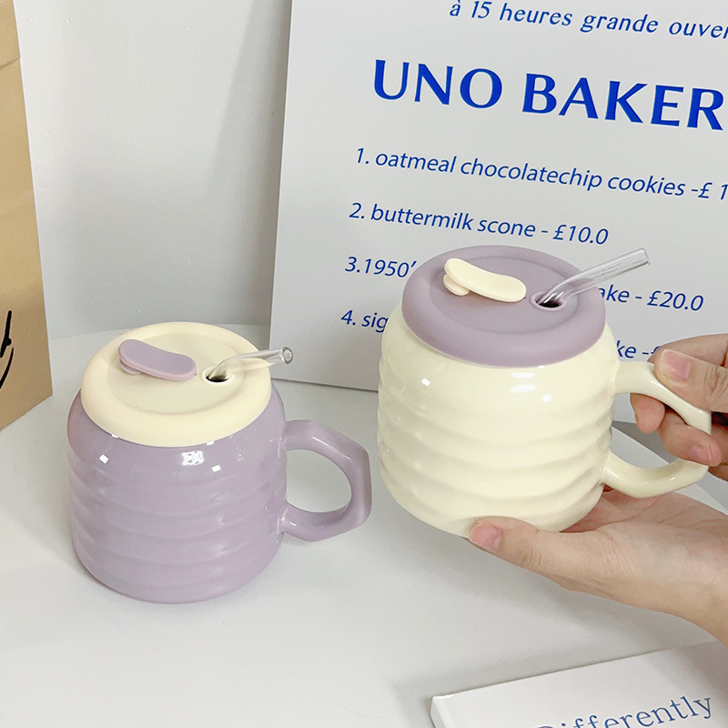 Hermosas tazas de paja de cerámica, tazas de oficina en el hogar con tazas de agua cubiertas, tazas de gran capacidad para niñas, tazas esmaltadas para hombres