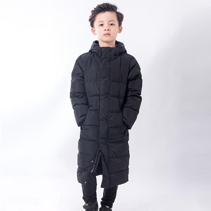 Winter long over-the-knee children's down jacket, black hooded, gray duck down, warm, fashionable, outdoor sports, big kids' coat Winter long over-the-knee children's down jacket, black hooded, gray duck down, warm, fashionable, outdoor sports, big kids' coat