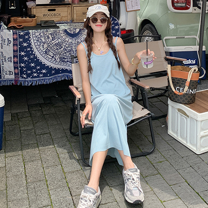 Fashion Double-Shoulder Strap Dress for Women, Loose and Flared, Summer Korean Version, New Backless Sleeveless Casual Versatile Long Dress