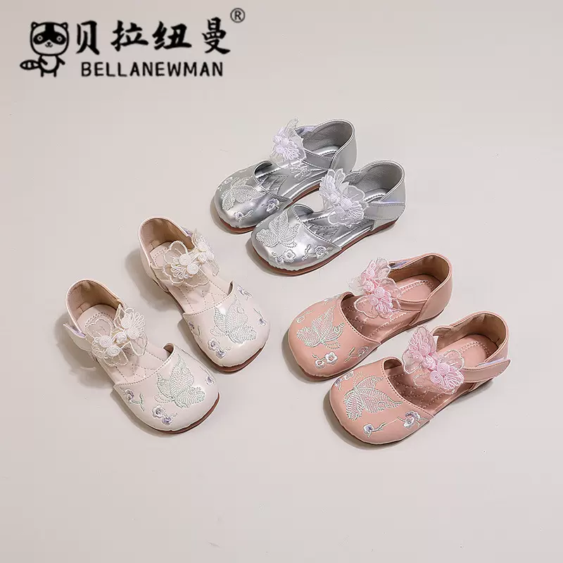 跨境女童蝴蝶结公主凉鞋2024夏季新款儿童软底包头凉鞋刺绣单鞋