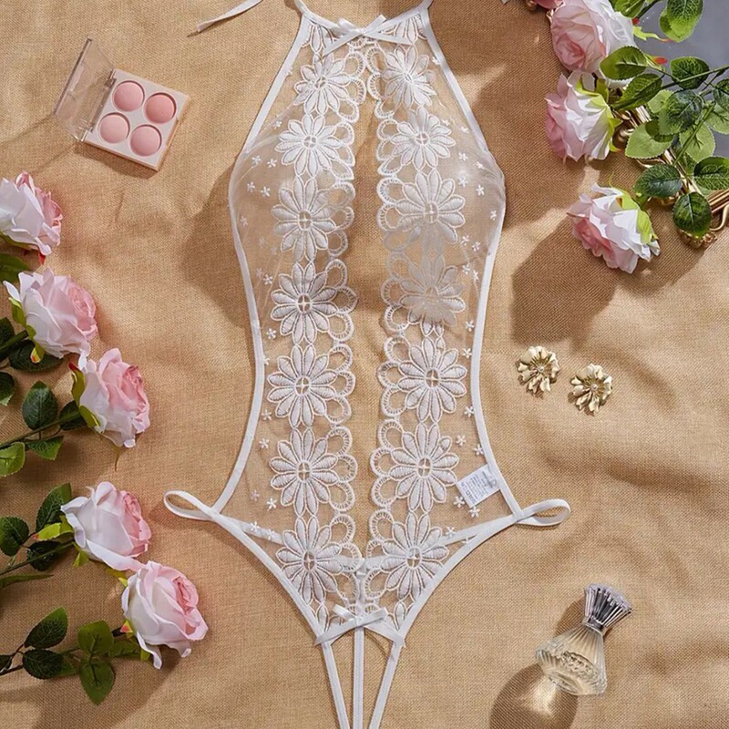 Hot Flower Embroidery Perspective Teddy Doll Hollow Backless Open Crotch Body Clothes Women's Sexy Underwear