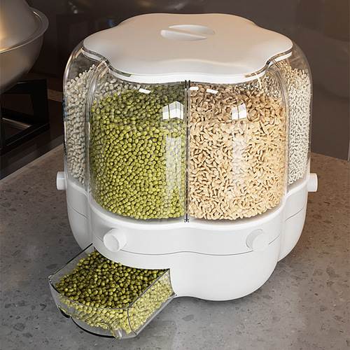New transparent six-compartment rotating rice bucket, insect-proof and moisture-proof grain bucket, push-type metering rice bucket wholesale