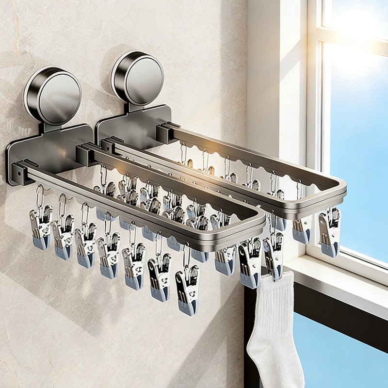 Suction Cup Sock Rack Magic Tool for Balcony Home Wall Underwear Clip Windproof Drying Rack Foldable Multi-Clip Clothes Hanger