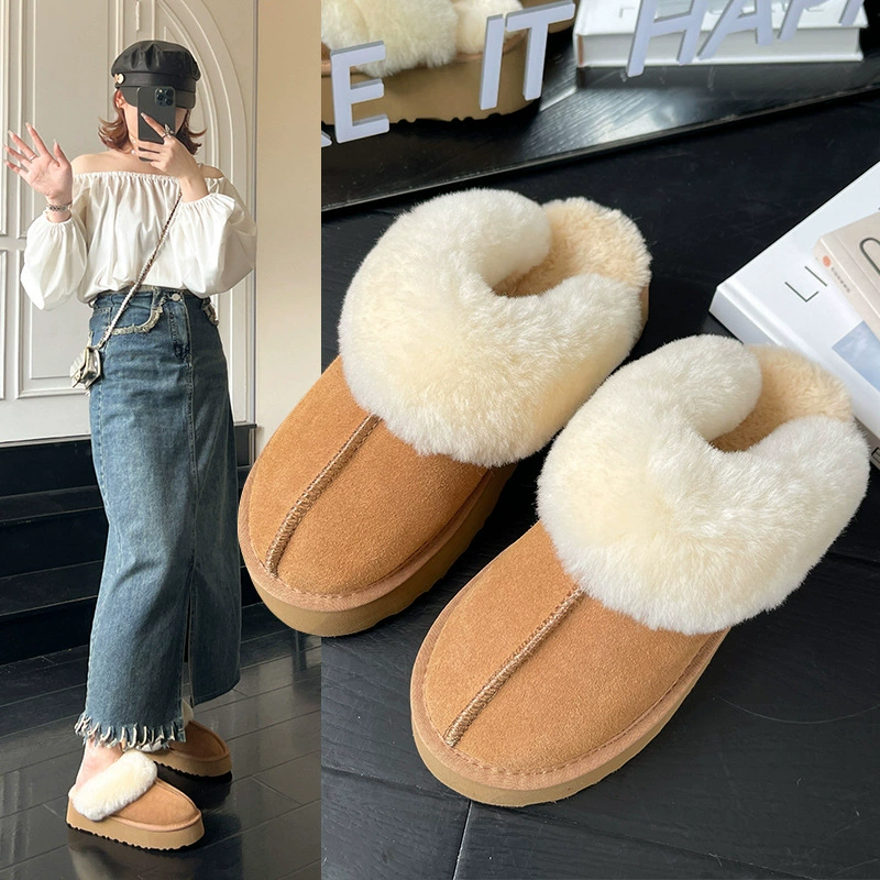 Женская обувь больших размеров 35-42, плюшевые тапочки на толстой подошве, верхняя одежда, меховые теплые зимние сапоги с закрытым носком, зимняя обувь с хлопковой подкладкой