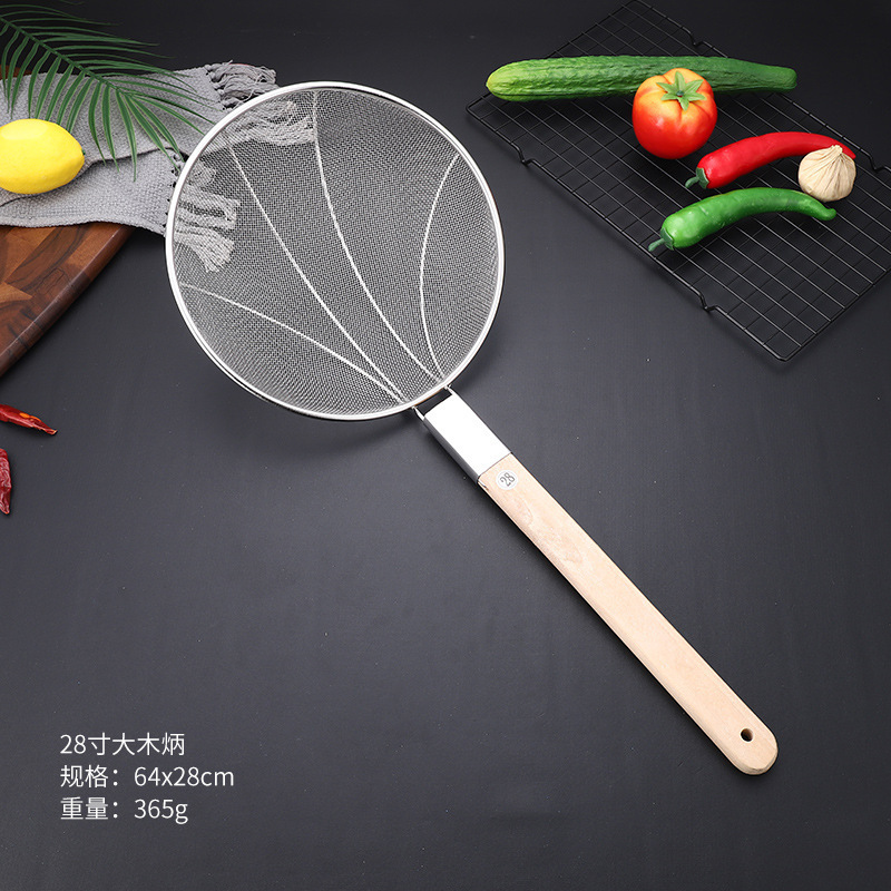 Mango de madera de acero inoxidable gran filtro de malla larga filtro de malla comercial de alimentos fritos tamizado olla caliente para pescar fideos cucharada grande