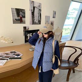 韩系格子棉服马甲女2026冬季加厚保暖叠穿外穿坎肩面包服背心马夹