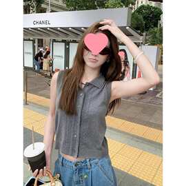 老钱高级感无袖Polo领背心女露肩针织t恤短上衣夏季宽松翻领坎肩