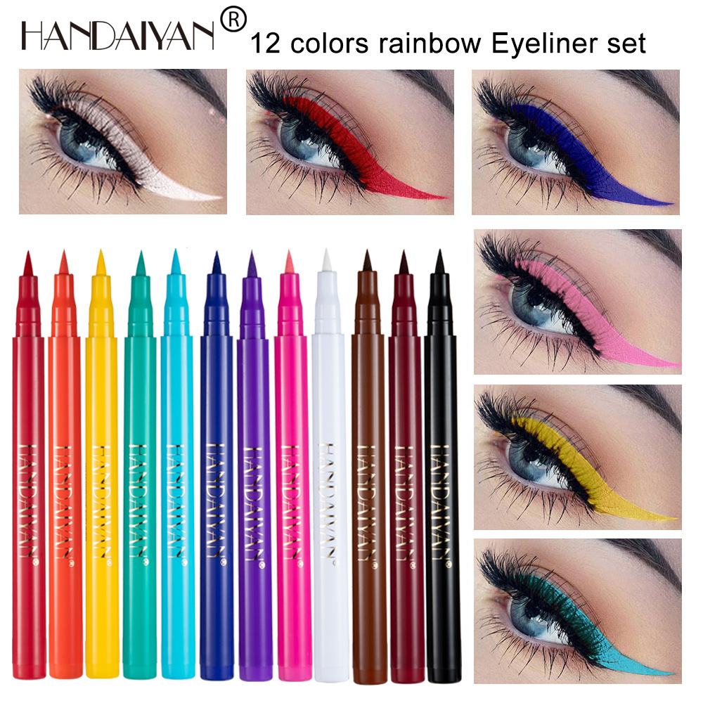 Línea de ojos de color transfronterizo color arco iris HANDAIYANDIY 12 color impermeable delineador de ojos no es fácil de manchar el lápiz de ojos