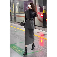 早秋气场强大女神范气质高级感名媛小香风灰色显瘦马甲连衣裙套装