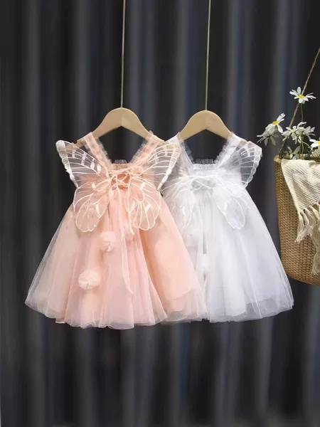 Girls' Summer Dress 2026 New Style Mesh Angel Princess Dress Kidsren's Birthday Dress Baby Puffy Skirt