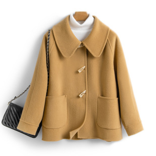 Women's short woolen coat autumn and winter new style 100% wool double-sided woolen coat lapel slim horn buckle large size