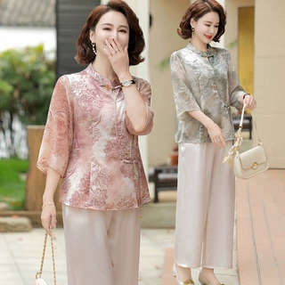 贵夫人新款夏季妈妈真丝上衣套装中老年大码气质桑蚕丝两件套50岁