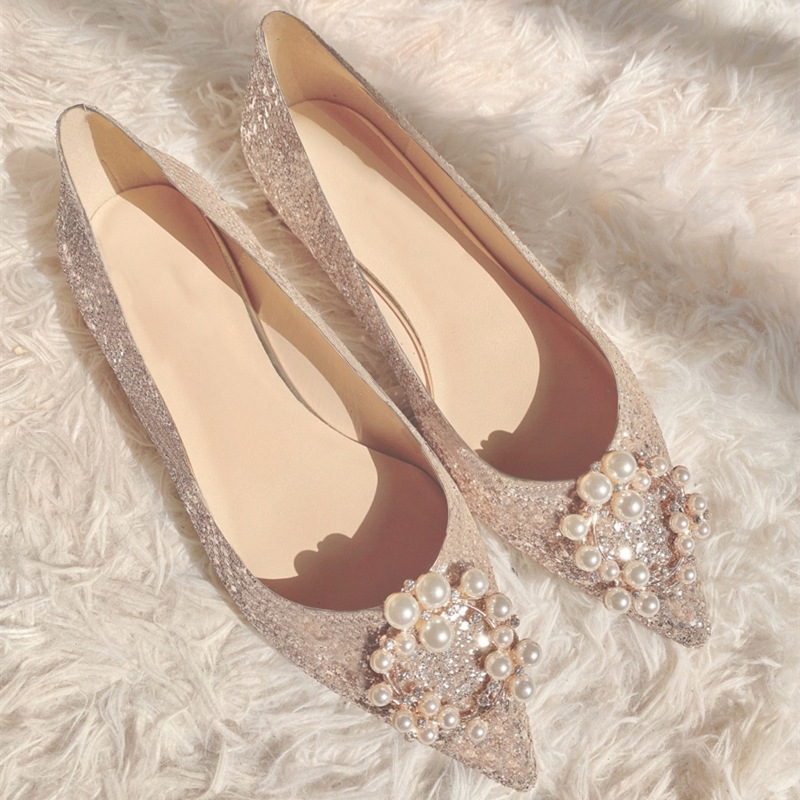 Wedding Shoes for Women 2025 New Style Pregnant Women Pearl Pointed Toe Flats Shoes for Bridesmaids Low Heel Shallow Mouth Crystal Sequin Flats for Women