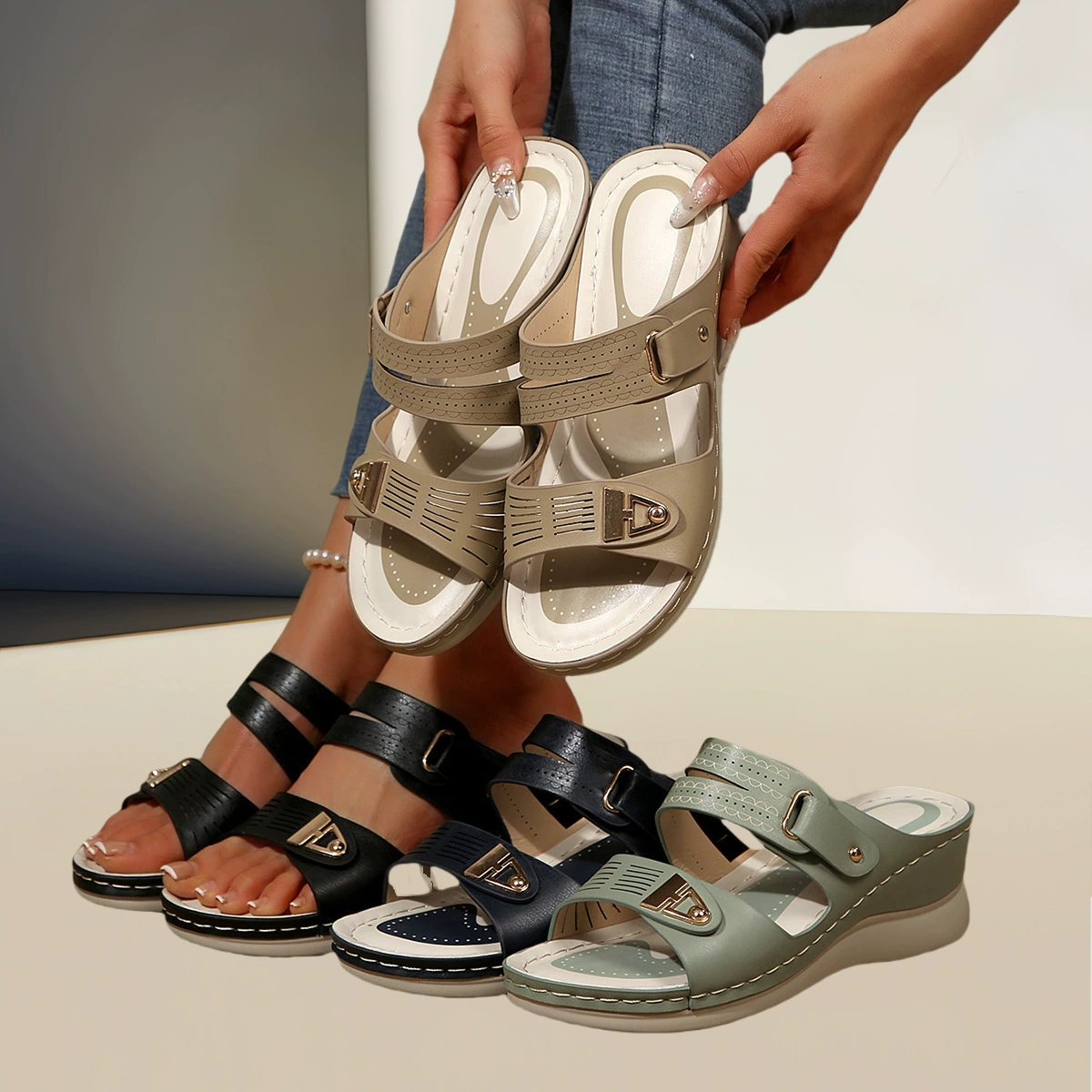 Женские пляжные сандалии больших размеров на толстой подошве с клиновидным каблуком, трансграничная торговля, Юго-Восточная Азия.