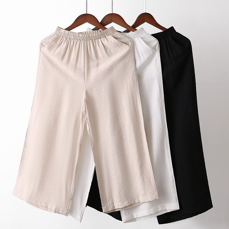 Mom Summer Pants Capri Pants Fashion Silk Cotton Linen All-match Wide Leg Pants 2025 plus size Loose Tight Waist All-match Pants