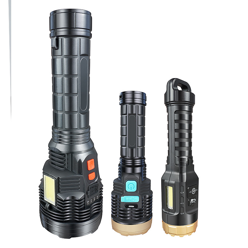 Linterna al aire libre transfronteriza LED luz fuerte multifunción USB correa de carga pantalla pesca nocturna camping patrulla iluminación linterna