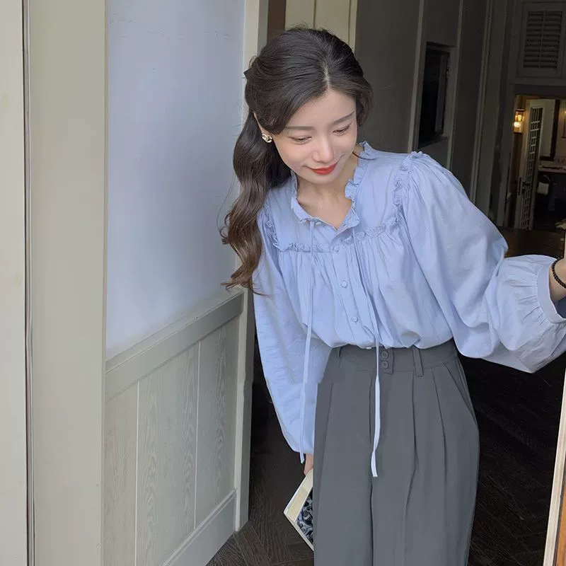 Французская рубашка с длинными рукавами для женщин, свободная рубашка весны и осени 2024, новый дизайн, топ на шнуровке, рубашка в стиле ретро с краями грибка