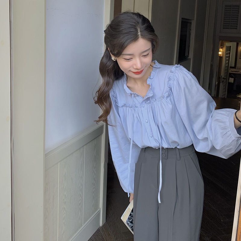 French-Style Long-Sleeve Shirt for Women, Loose Fit, 2026 Spring and Autumn New Design, Tie-Up Top, Vintage Ruffled Edge Shirt