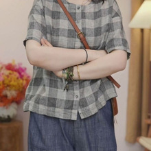 夏季新款复古洋气撞色格子短袖衬衫女胖mm宽松休闲遮肉显瘦小衫