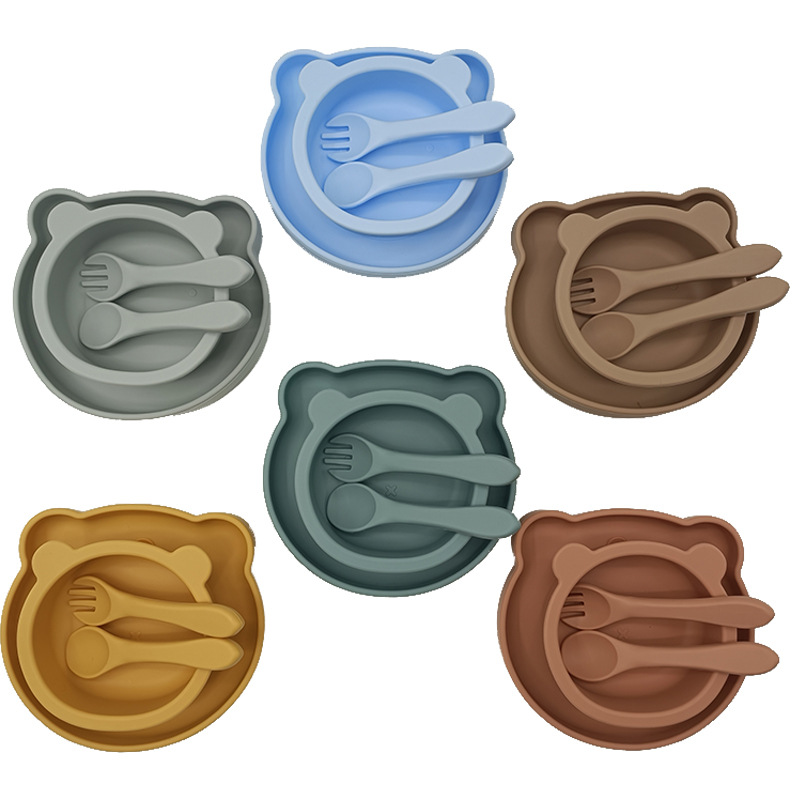 Bebé de alimentación placa cuchara Tenedor traje grado alimenticio silicona Integrado placa niños dibujos animados oso vajilla materna y infantil