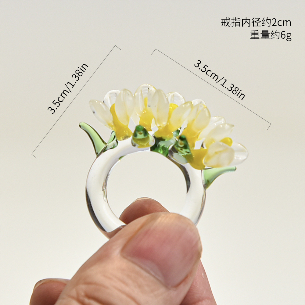 Transfronterizo anillo de vidrio Mori pequeño anillo de flores blancas frescas estilo nacional de moda anillo de flores de pera joyas