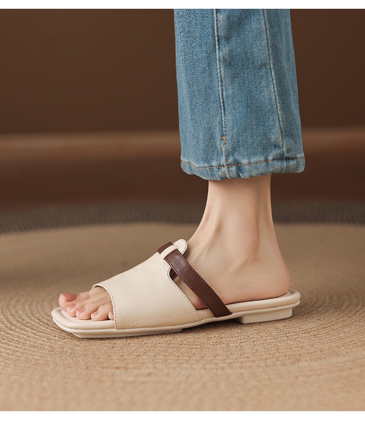 Dép sandal nữ xỏ ngón đế bệt phối màu hở mũi thời trang — màu trắng ngà, màu mơ chi tiết 11