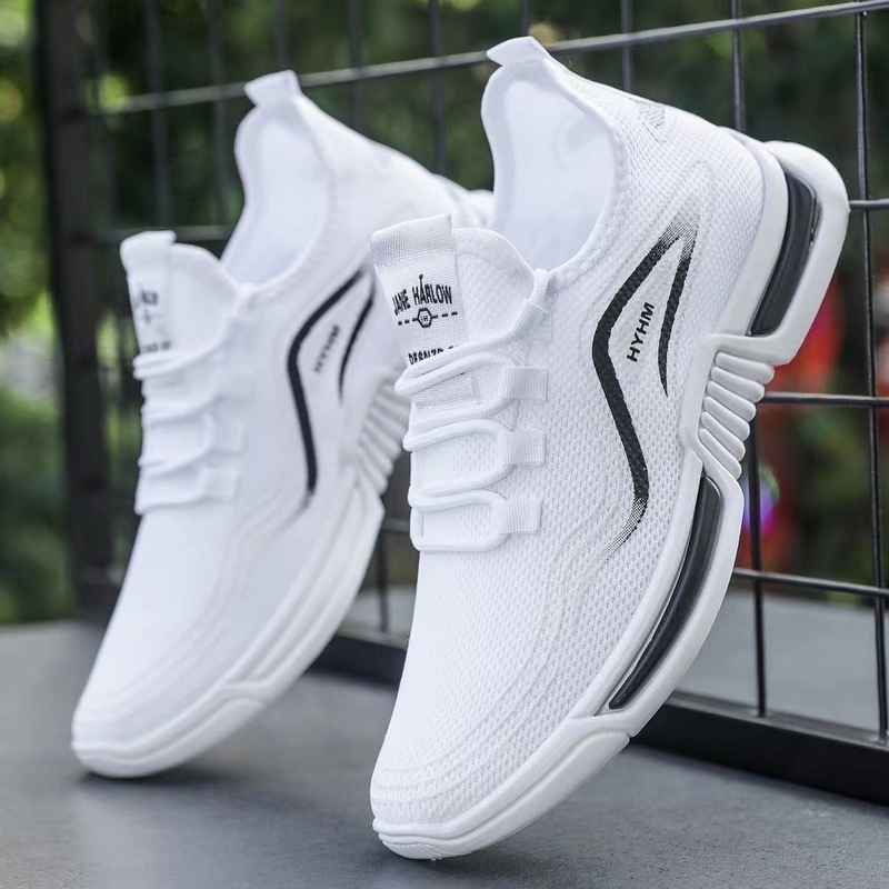 Foreign Trade Men's Summer New Sports Shoes Non-Slip Casual Running Shoes Fly Woven Breathable Comfortable White Shoes Wholesale