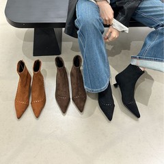 跟高3CM~小众设计斜边编织短靴女2025秋冬复古绒面尖头猫跟瘦瘦靴