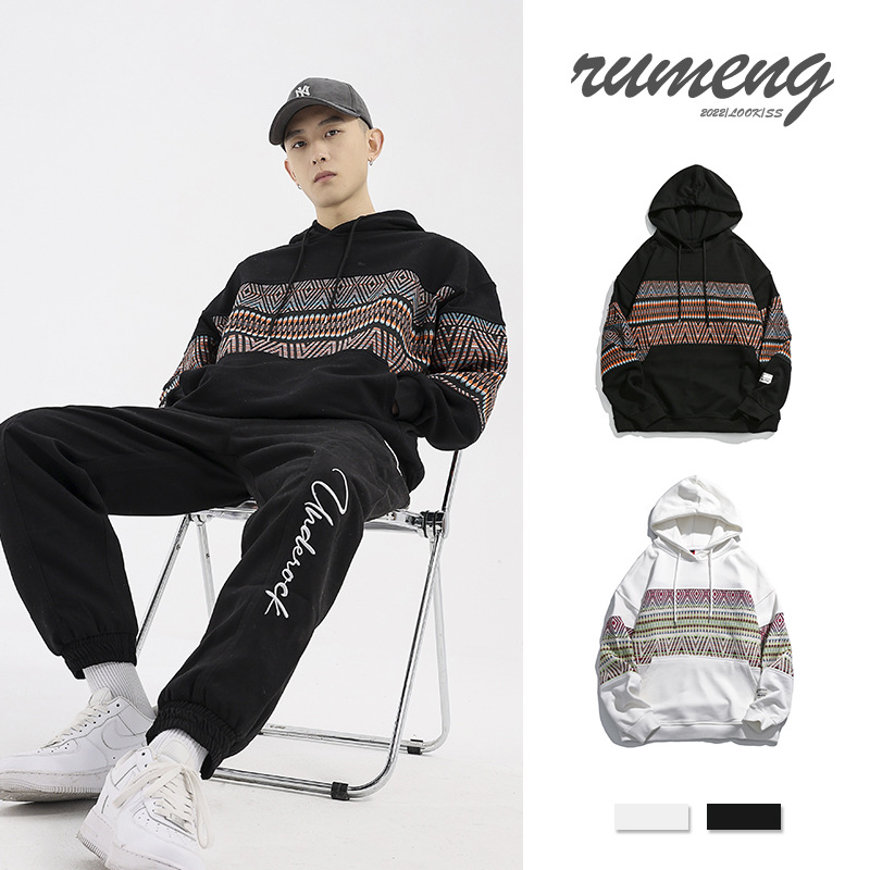 Rumeng Retro Ethnic Style Stitching Hooded Sweater Men And Women Tide Pullover Oversize Loose Lazy Wind Top
